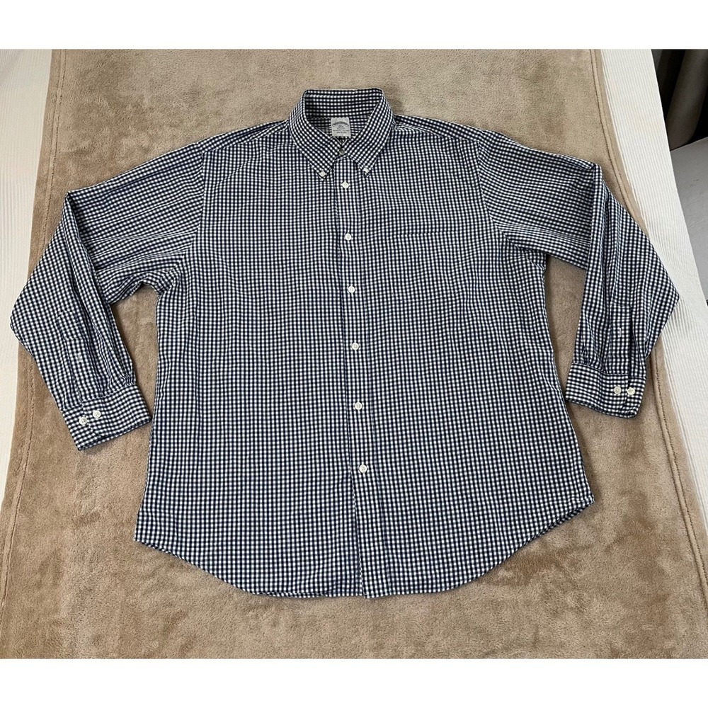Brooks‎ Brothers Regent Gingham Button Down Shirt Men XL Blue Plaid Pleated EUC